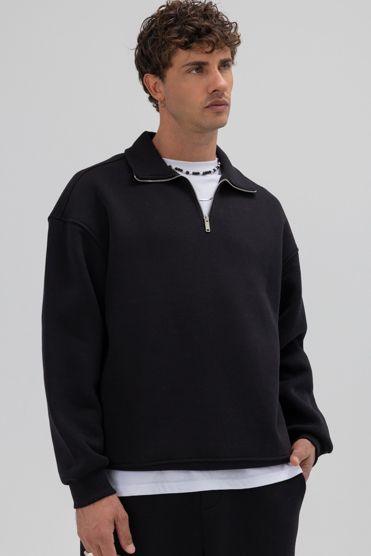 Oversize Fermuarlı Dik Yaka Sweatshirt