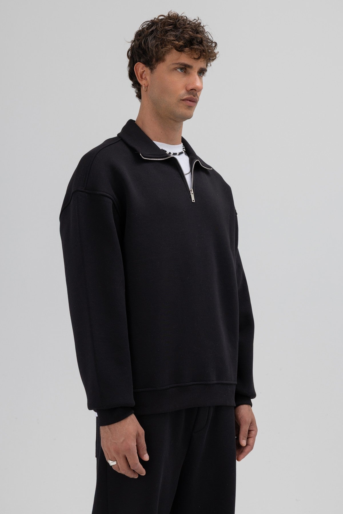 Oversize Fermuarlı Dik Yaka Sweatshirt