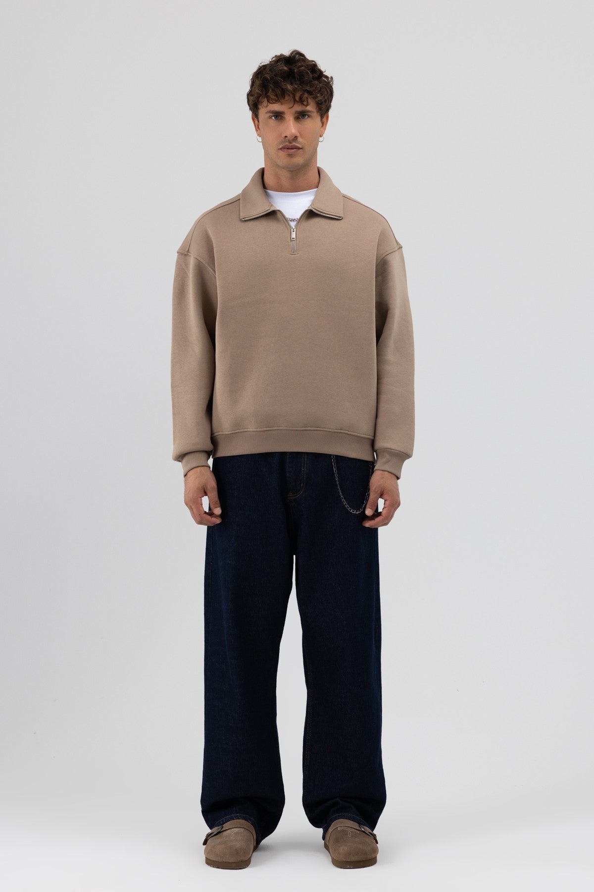 Oversize Fermuarlı Dik Yaka Sweatshirt