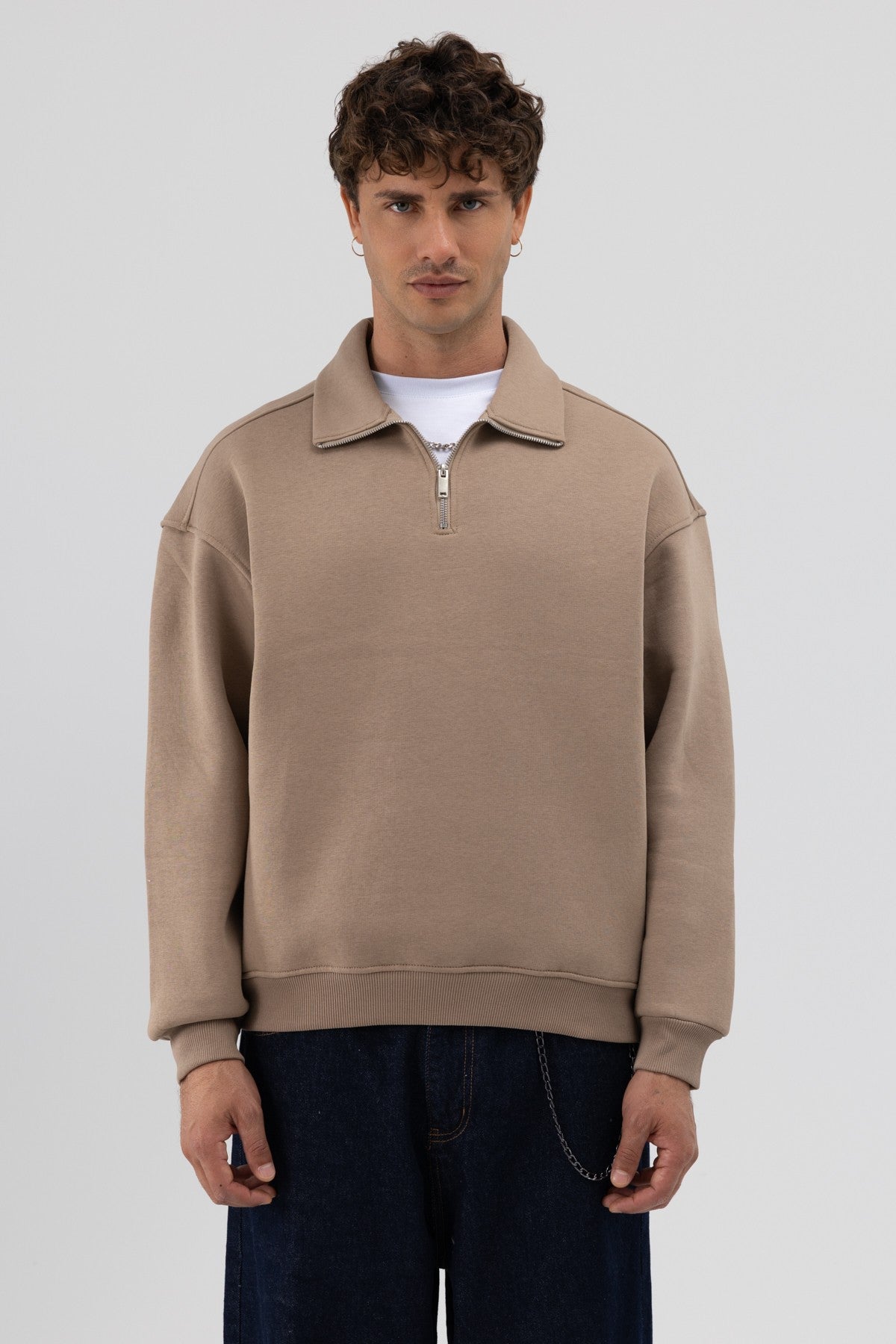 Oversize Fermuarlı Dik Yaka Sweatshirt