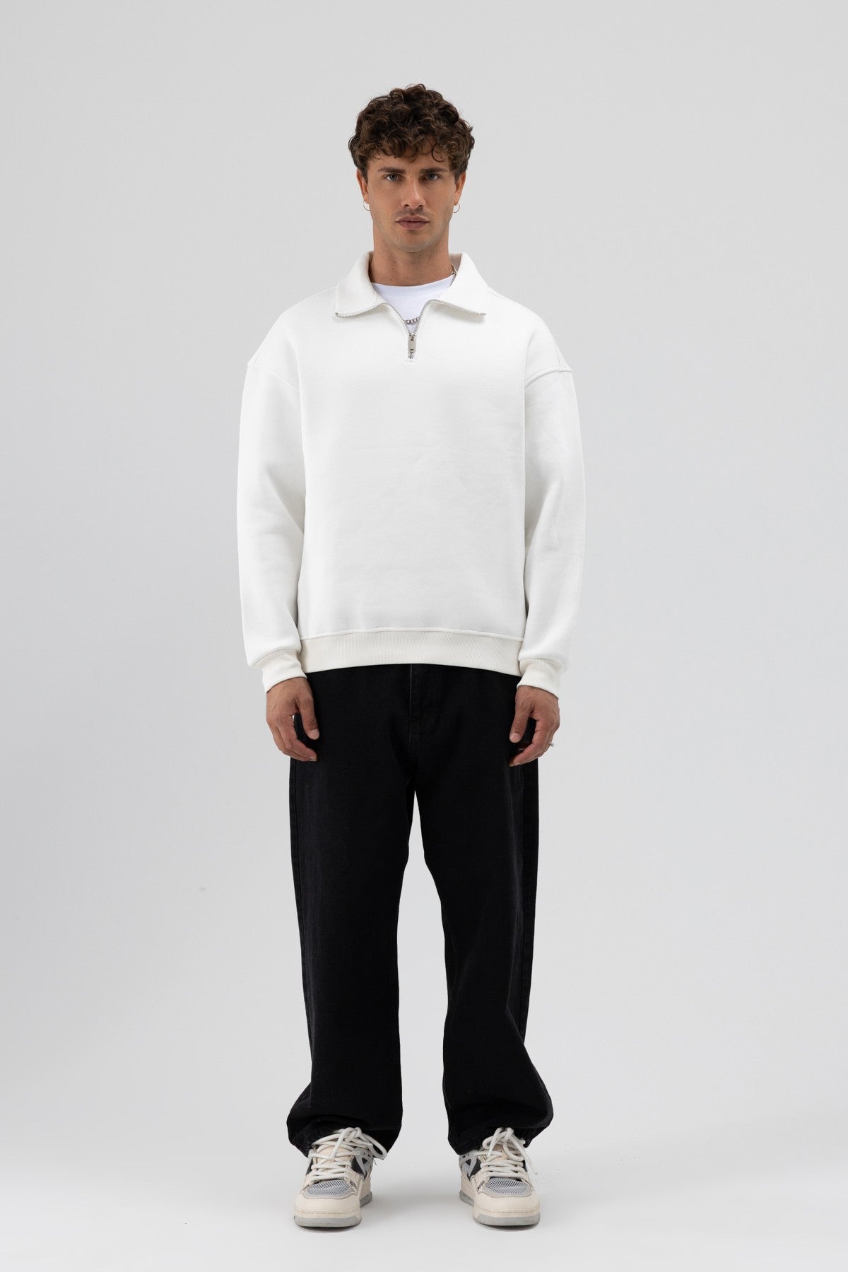 Oversize Fermuarlı Dik Yaka Sweatshirt