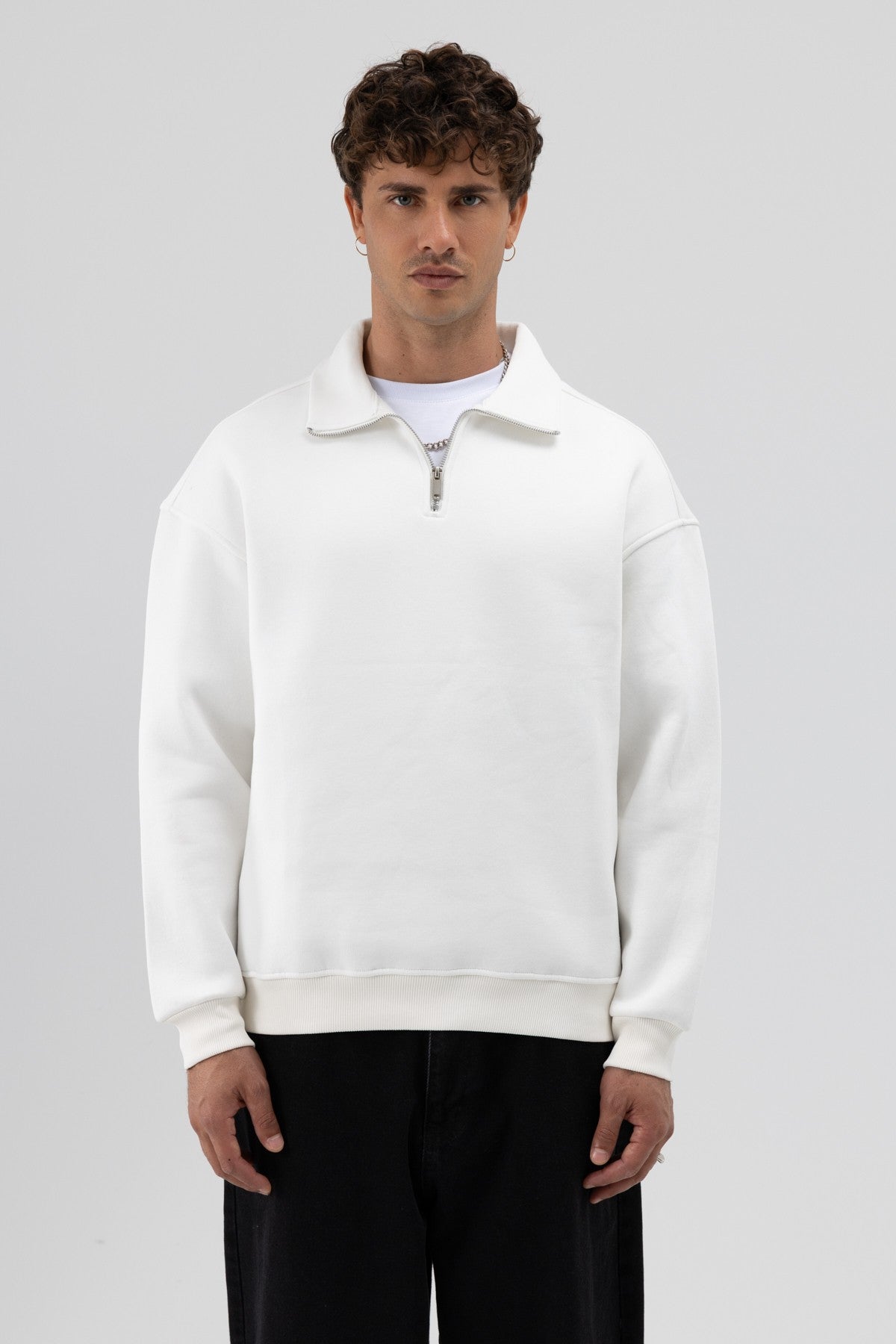 Oversize Fermuarlı Dik Yaka Sweatshirt