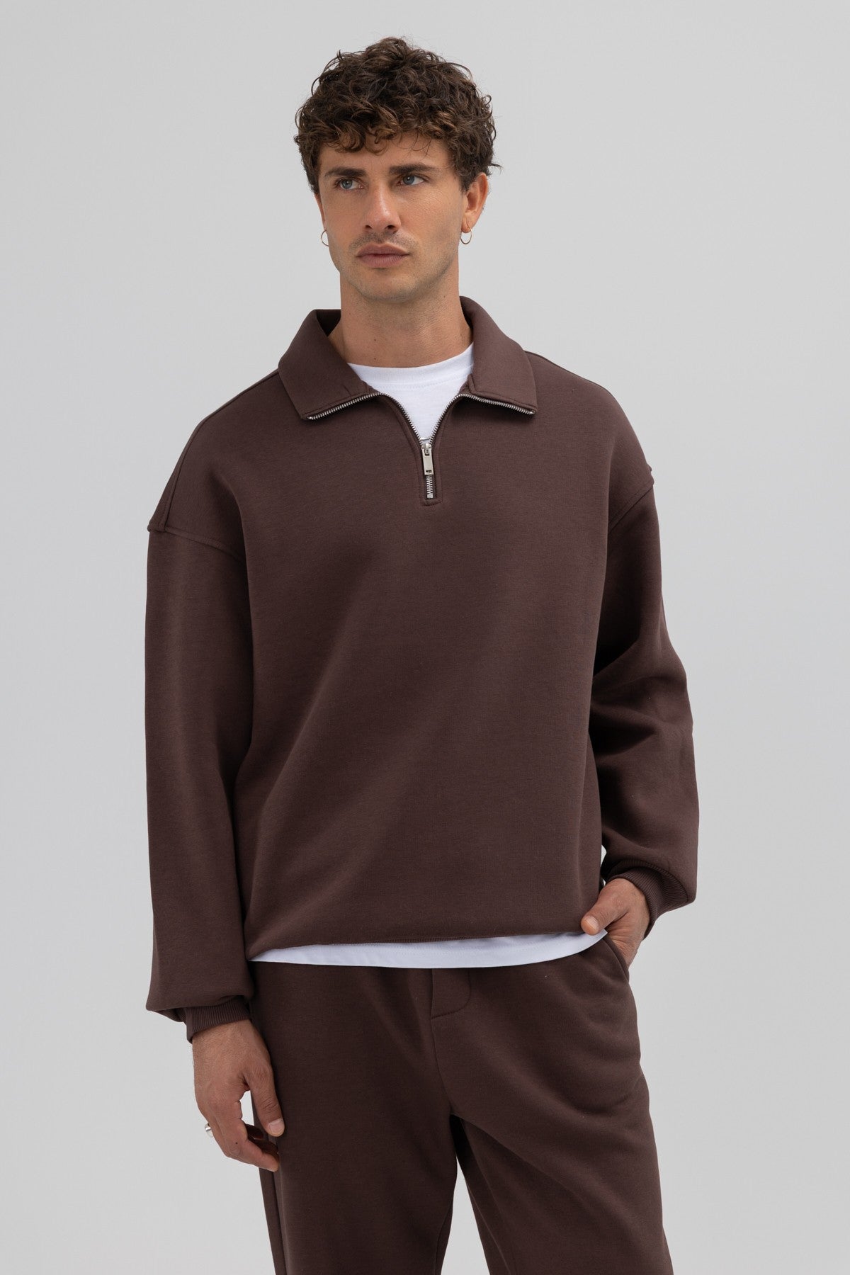 Oversize Fermuarlı Dik Yaka Sweatshirt