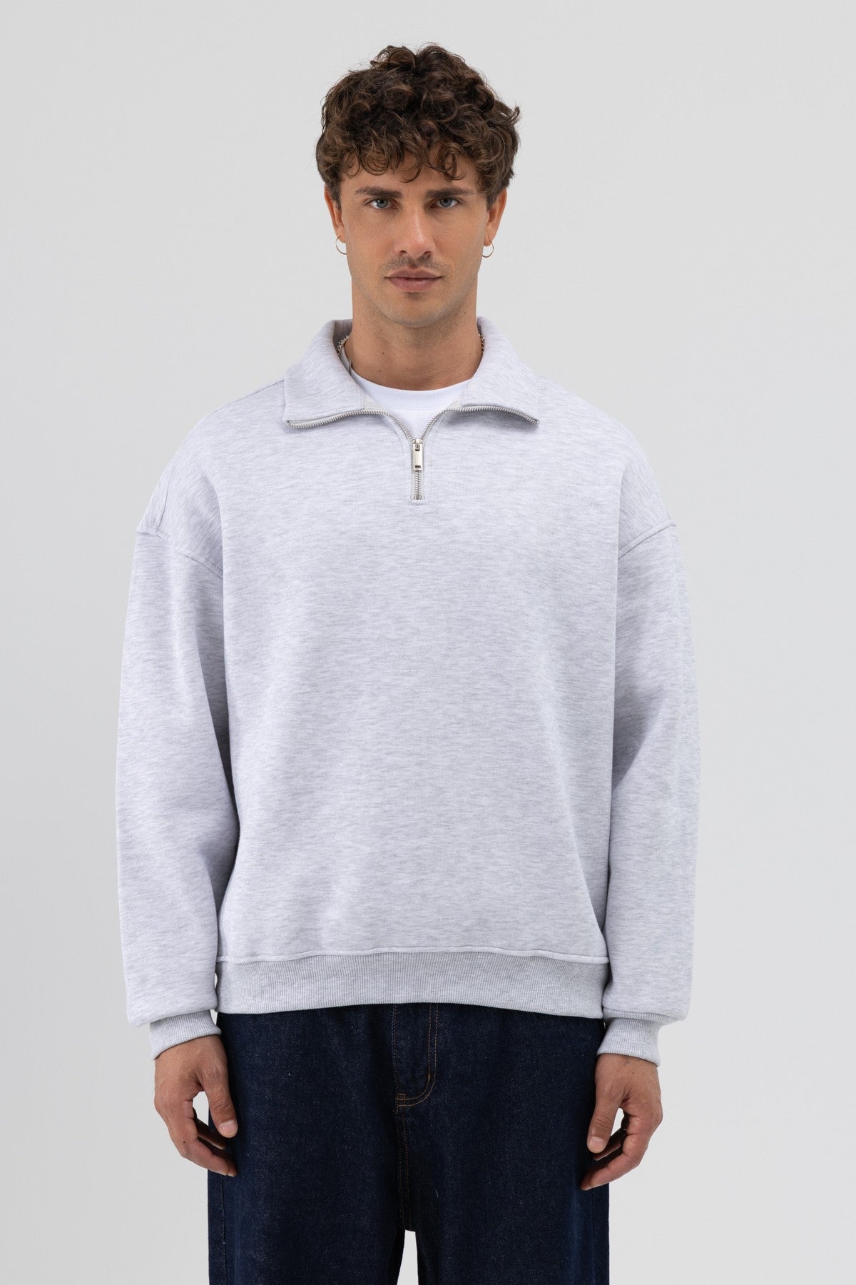 Oversize Fermuarlı Dik Yaka Sweatshirt