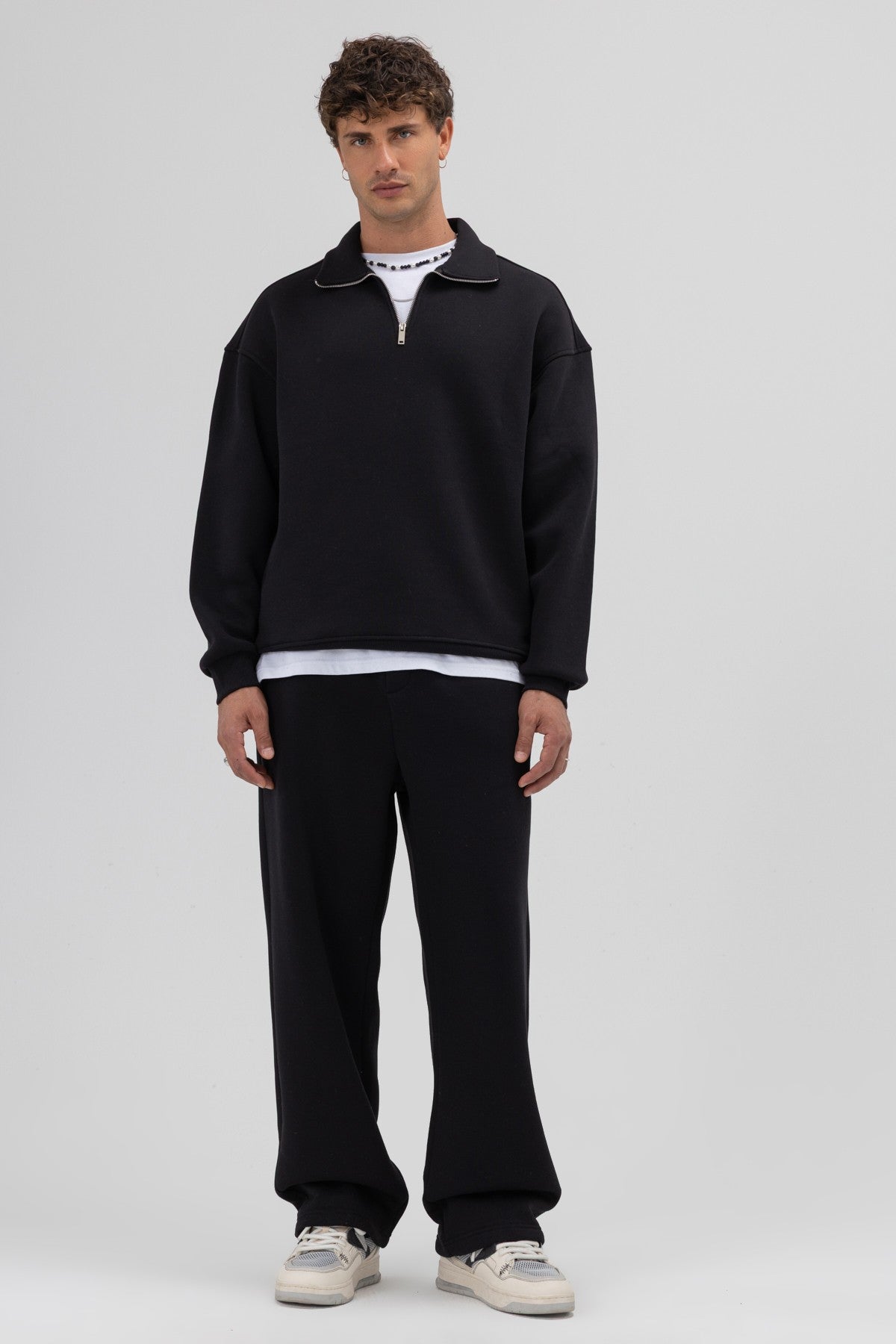 Oversize Fermuarlı Dik Yaka Sweatshirt