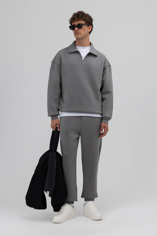 Oversize Fermuarlı Dik Yaka Sweatshirt