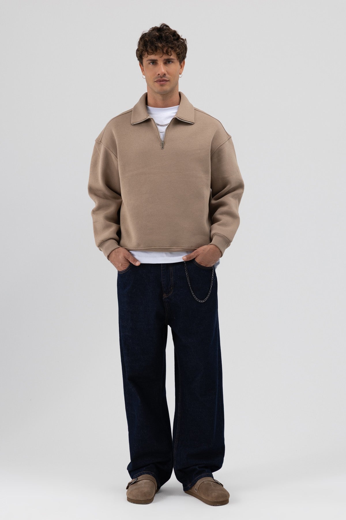 Oversize Fermuarlı Dik Yaka Sweatshirt