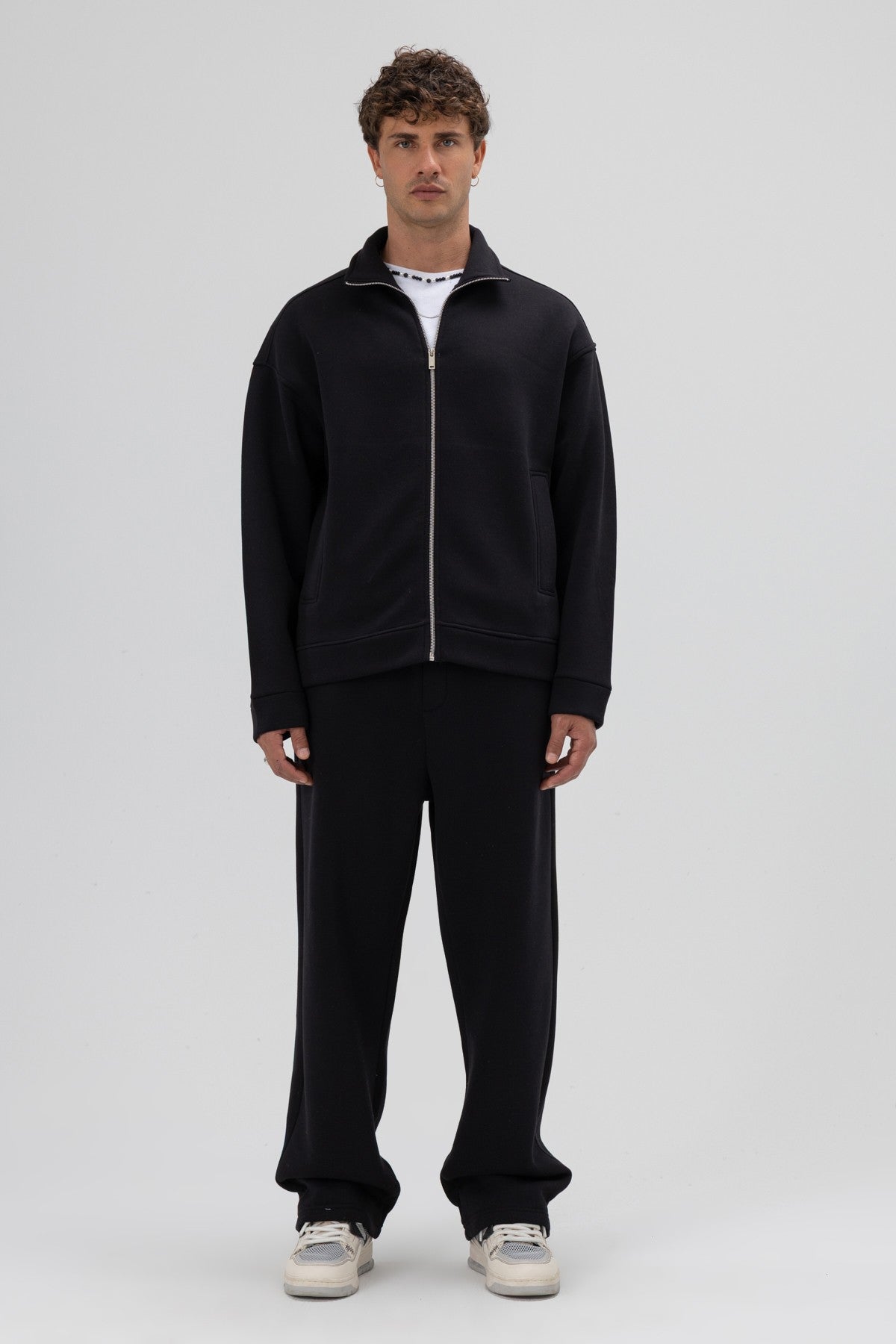 Oversize Önü Fermuarlı Dik Yaka Sweatshirt