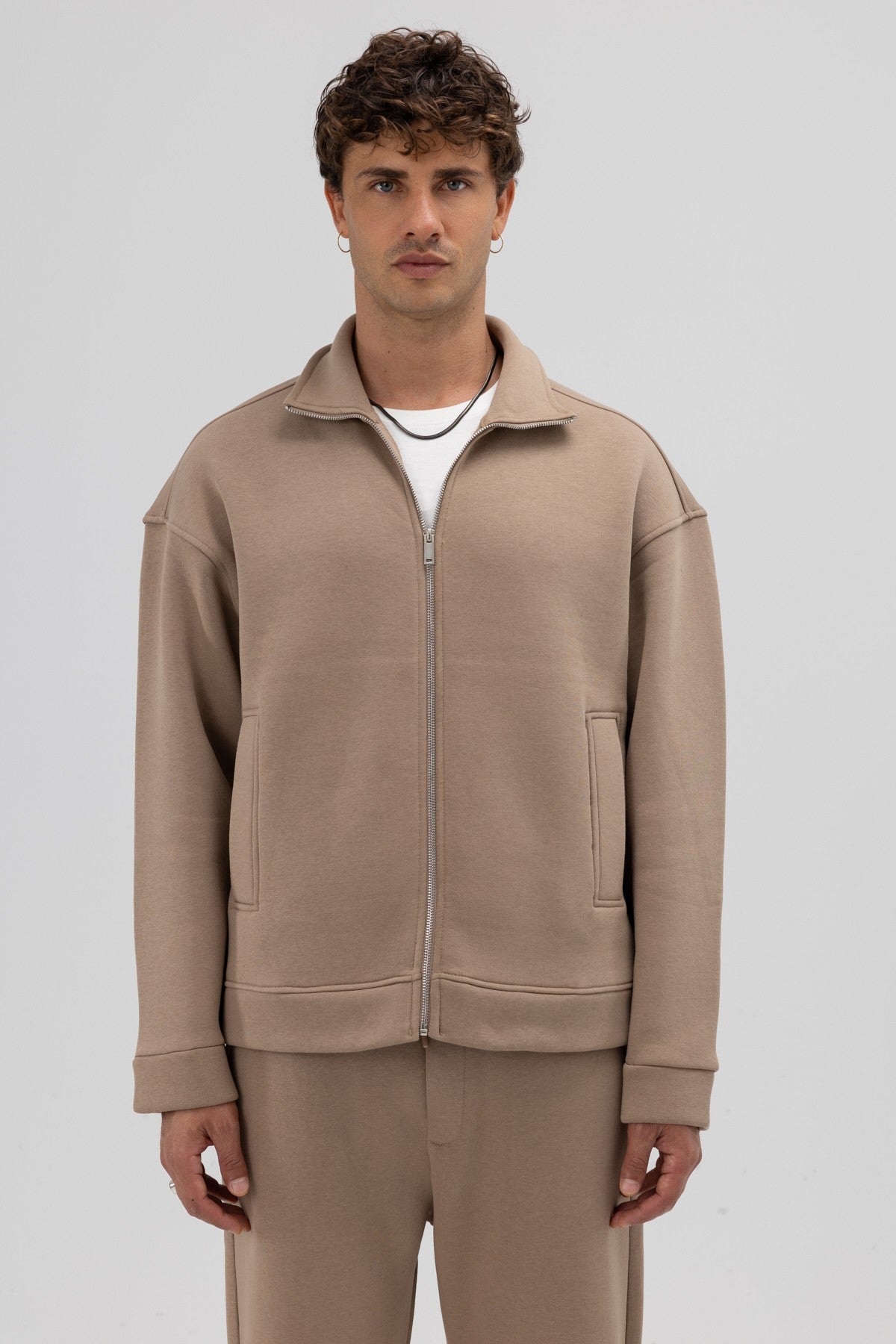 Oversize Önü Fermuarlı Dik Yaka Sweatshirt