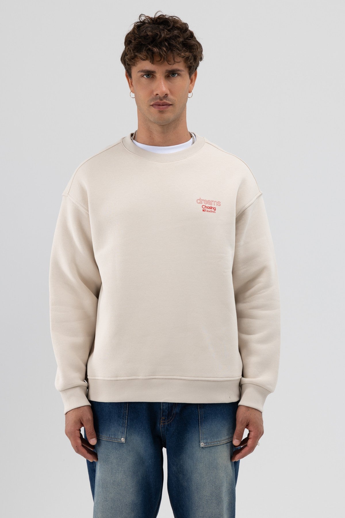 Oversize Bisiklet Yaka Baskılı Sweatshirt
