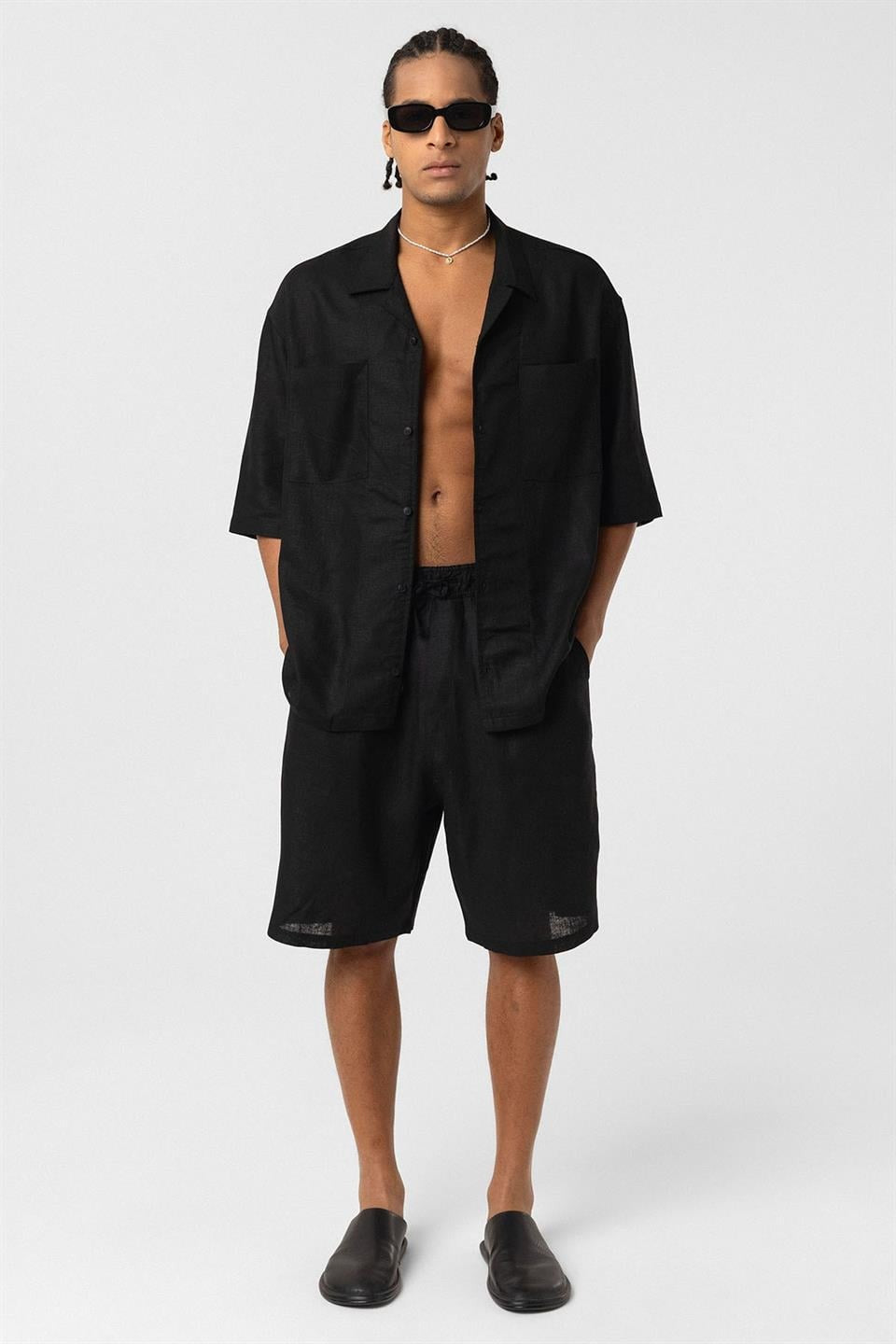 Oversize Çift Cepli Keten Şort