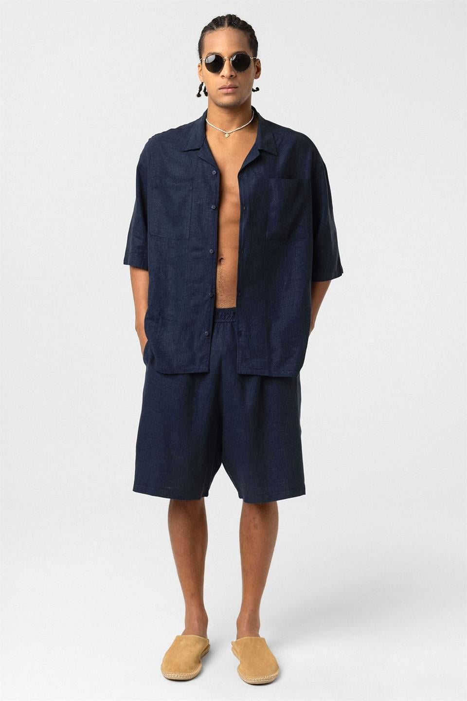 Oversize Çift Cepli Keten Şort