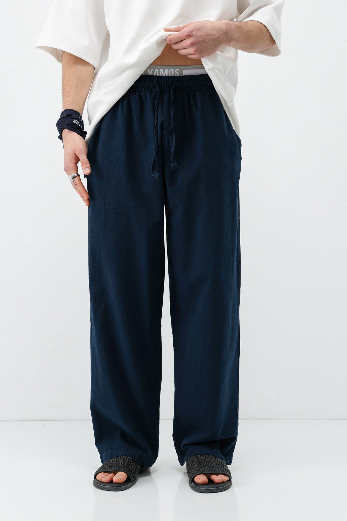 Bel Lastikli Baggy Fit Keten Pantolon