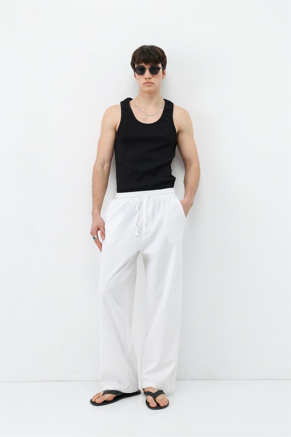 Bel Lastikli Baggy Fit Keten Pantolon