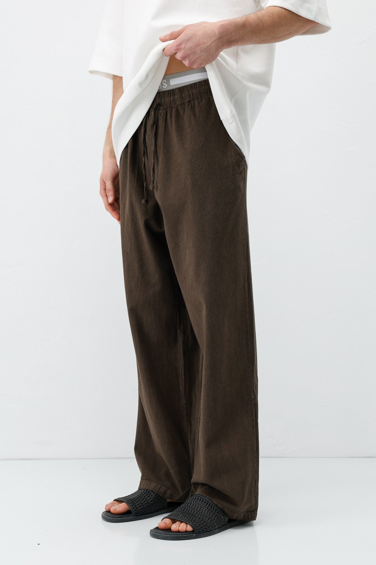 Bel Lastikli Baggy Fit Keten Pantolon