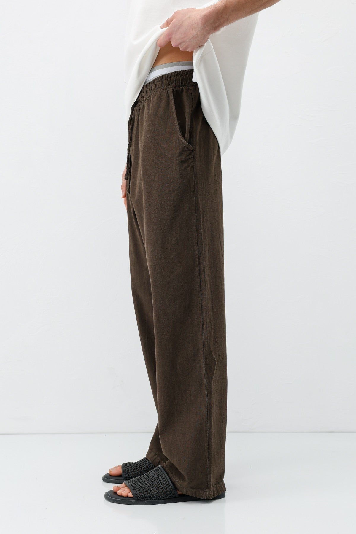 Bel Lastikli Baggy Fit Keten Pantolon