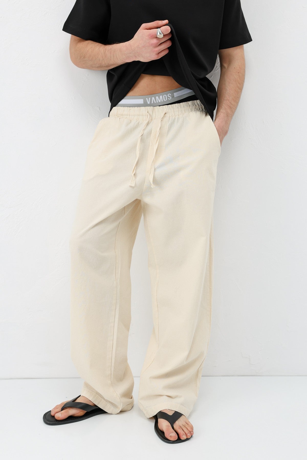 Bel Lastikli Baggy Fit Keten Pantolon