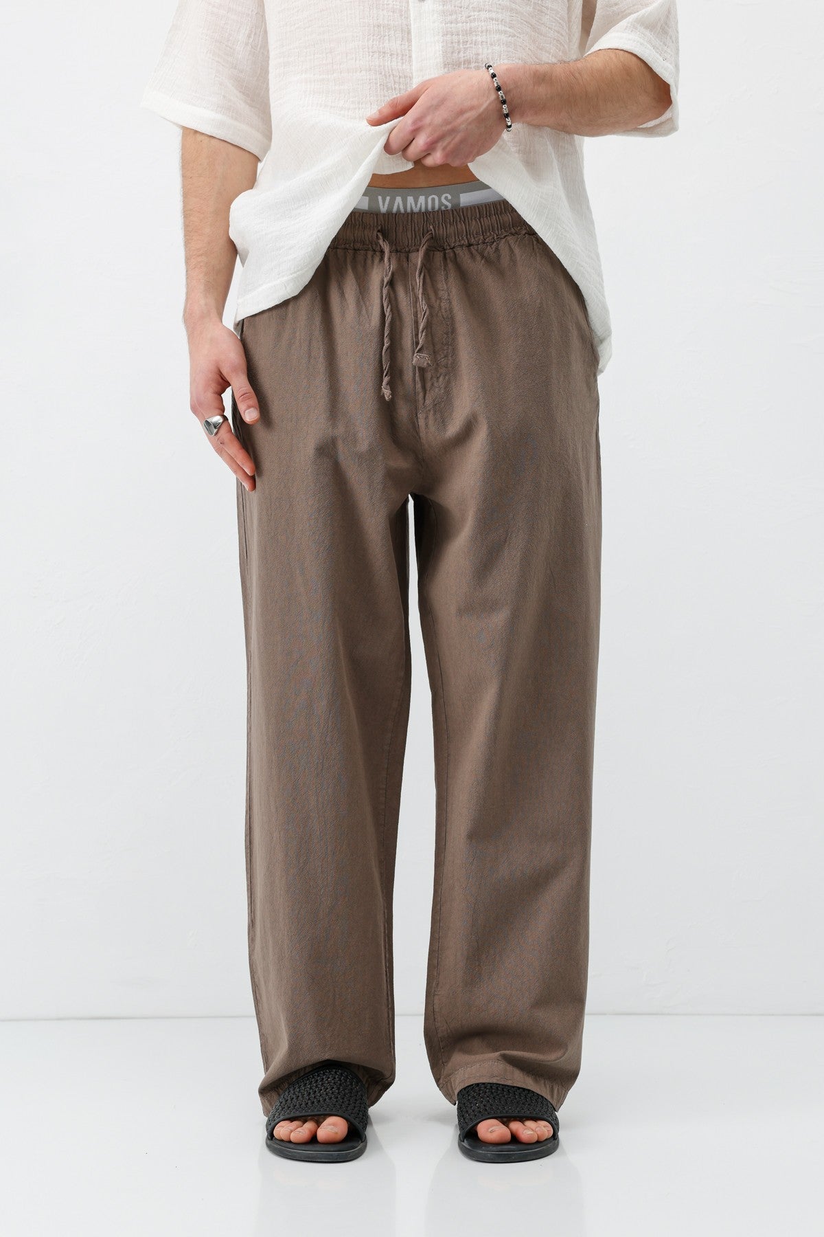 Bel Lastikli Baggy Fit Keten Pantolon