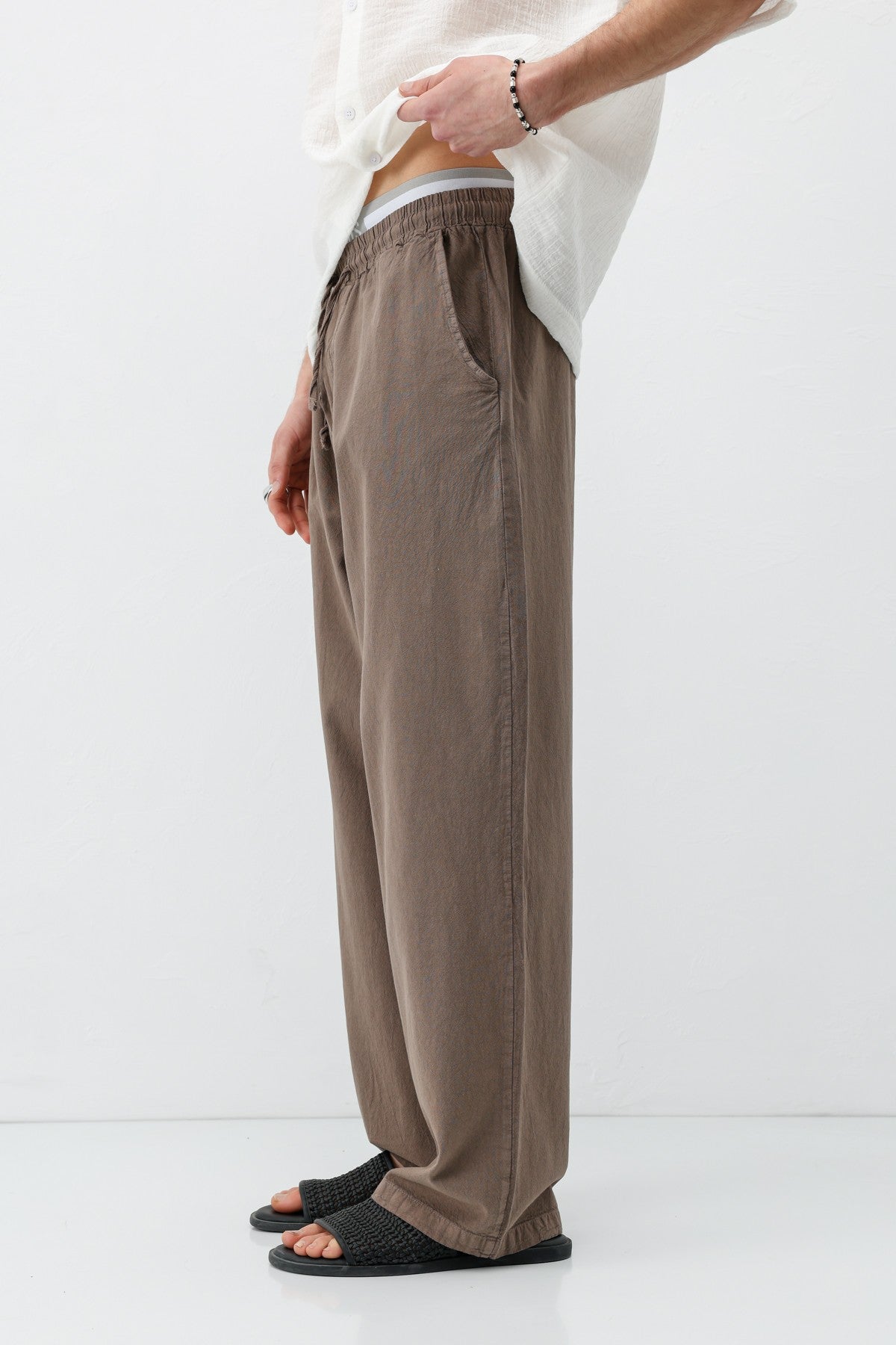 Bel Lastikli Baggy Fit Keten Pantolon