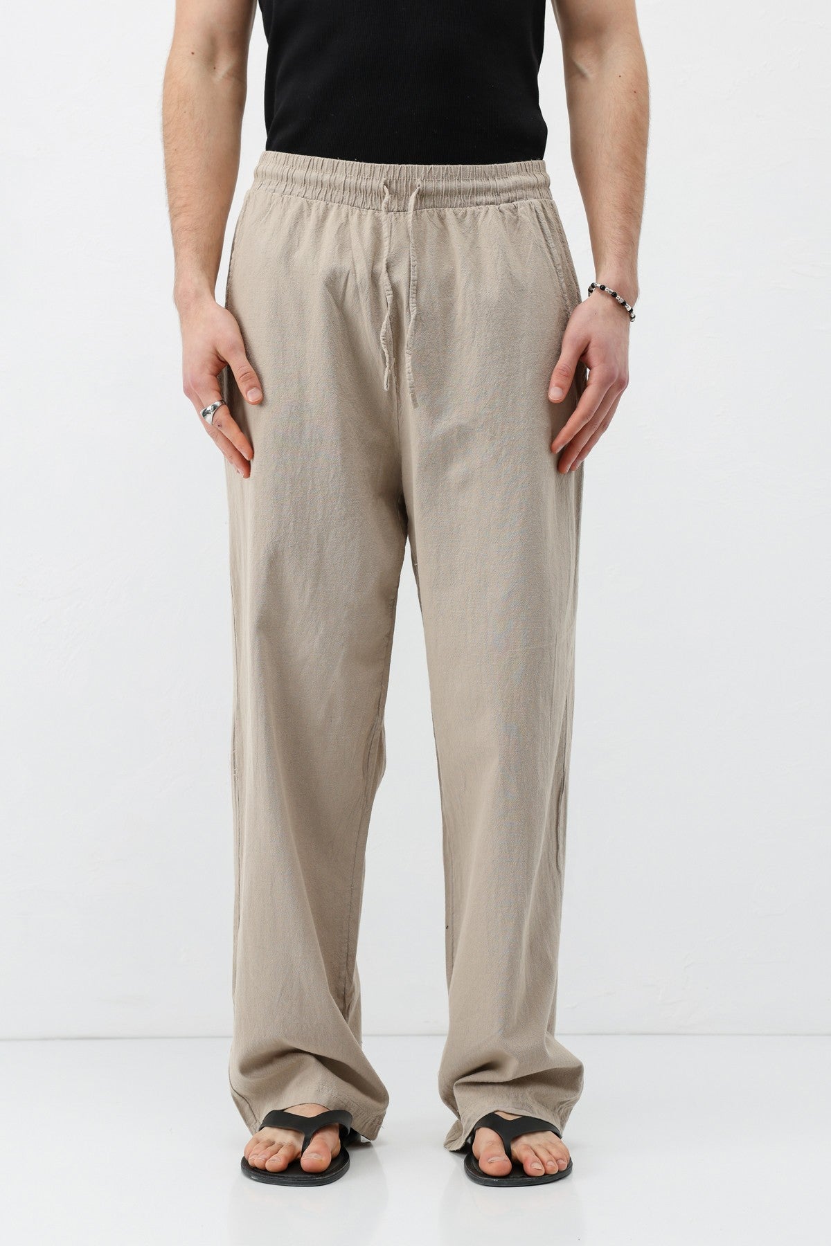 Bel Lastikli Baggy Fit Keten Pantolon