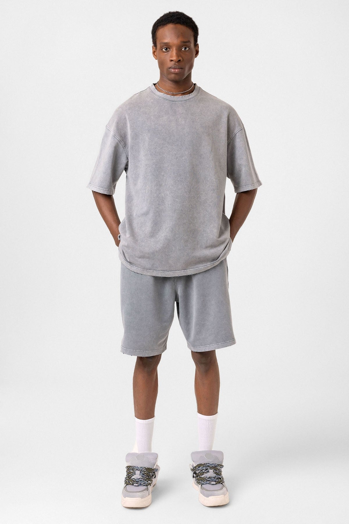 Basic Yıkamalı Oversize Şort Takım