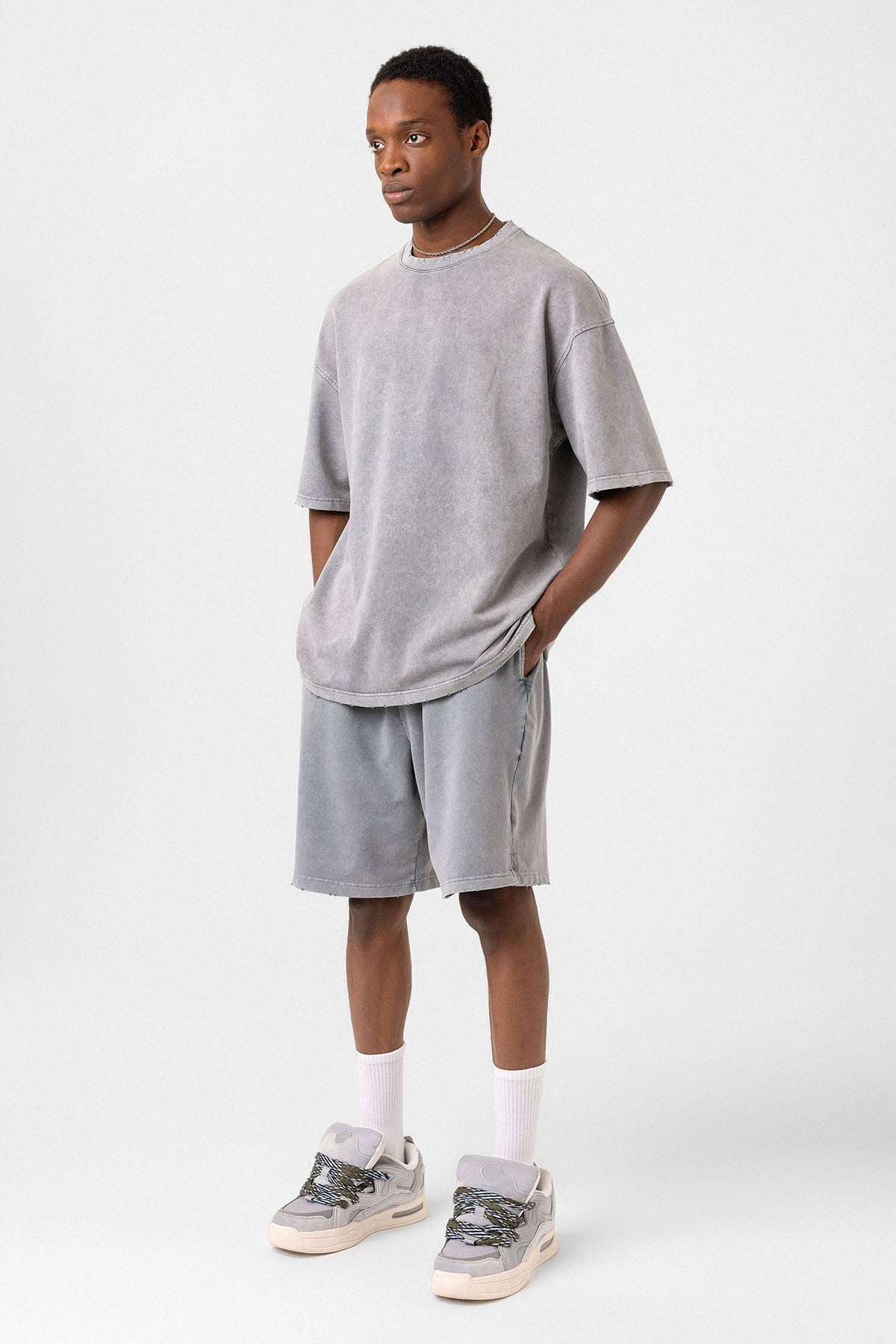 Basic Yıkamalı Oversize Şort Takım