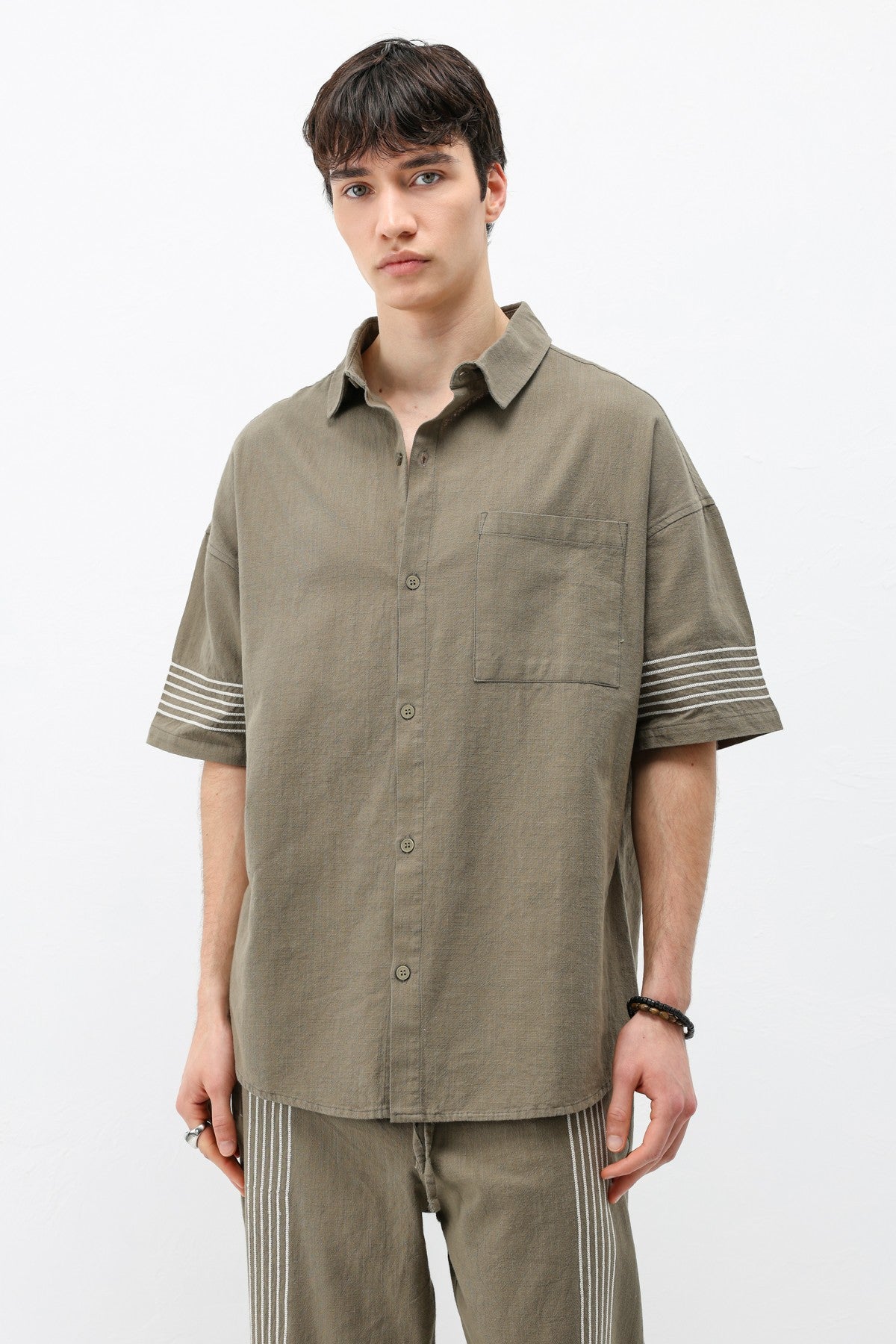 Oversize Çizgi Detaylı Keten Alt Üst Takım