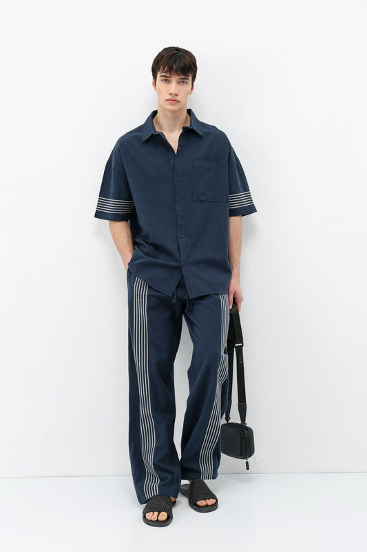 Oversize Çizgi Detaylı Keten Alt Üst Takım