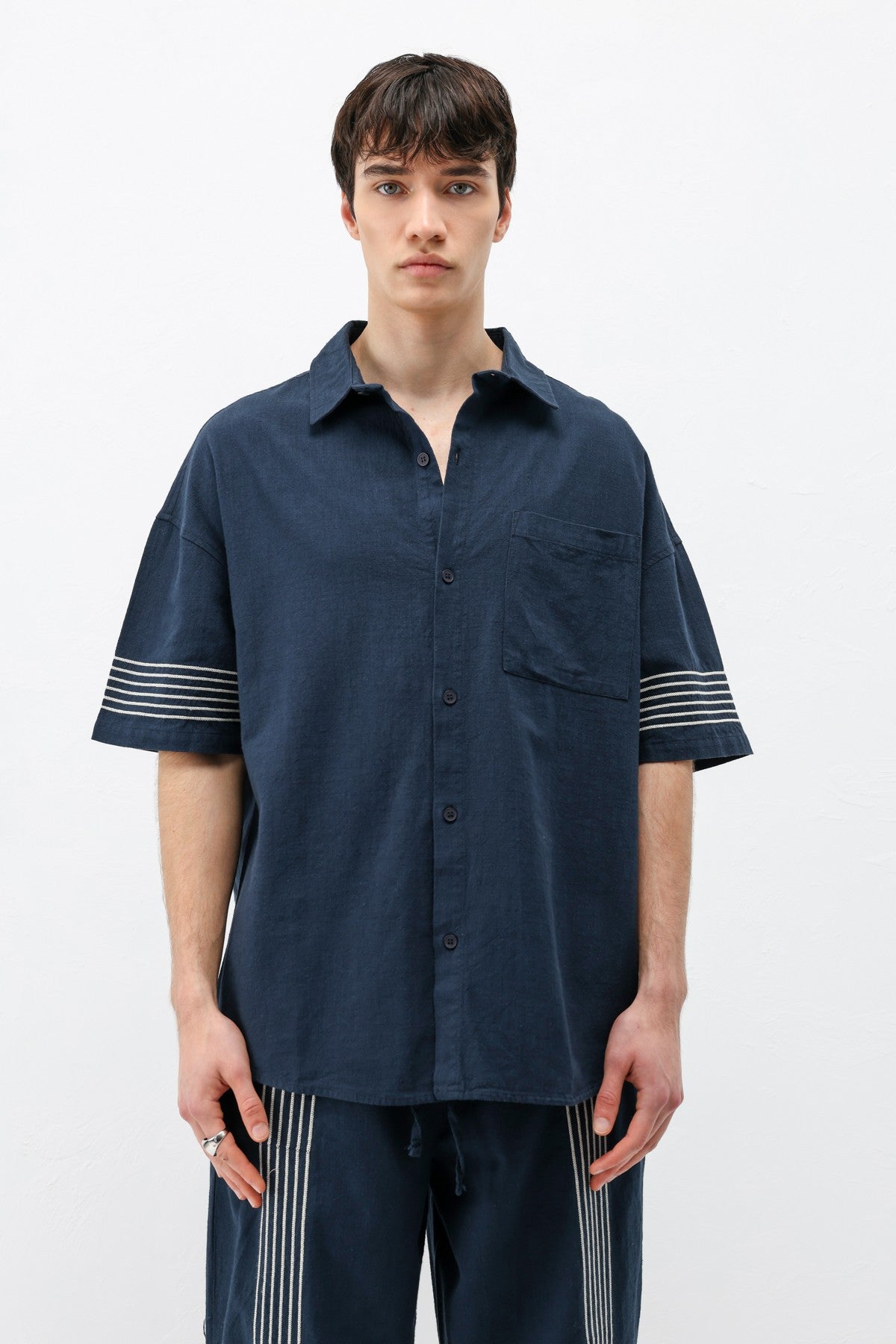 Oversize Çizgi Detaylı Keten Alt Üst Takım