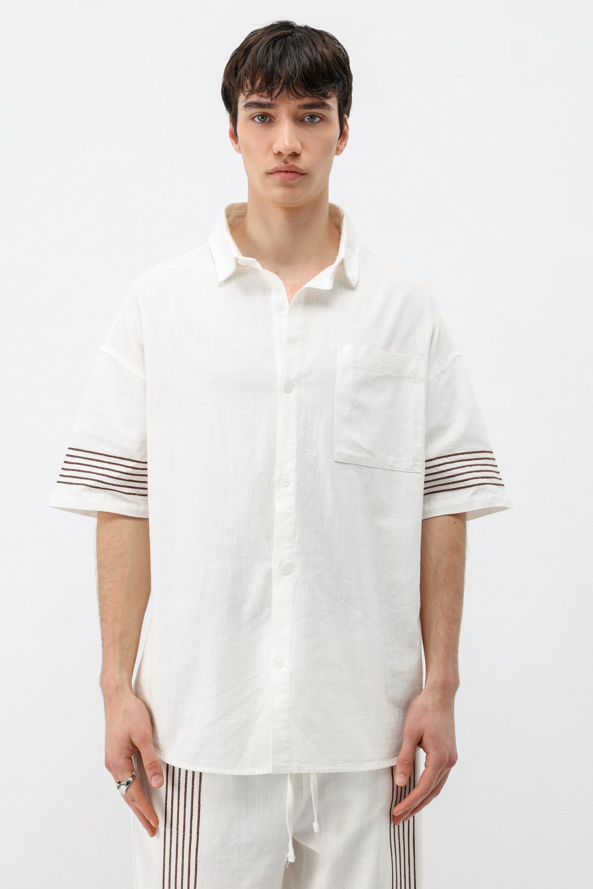Oversize Çizgi Detaylı Keten Alt Üst Takım