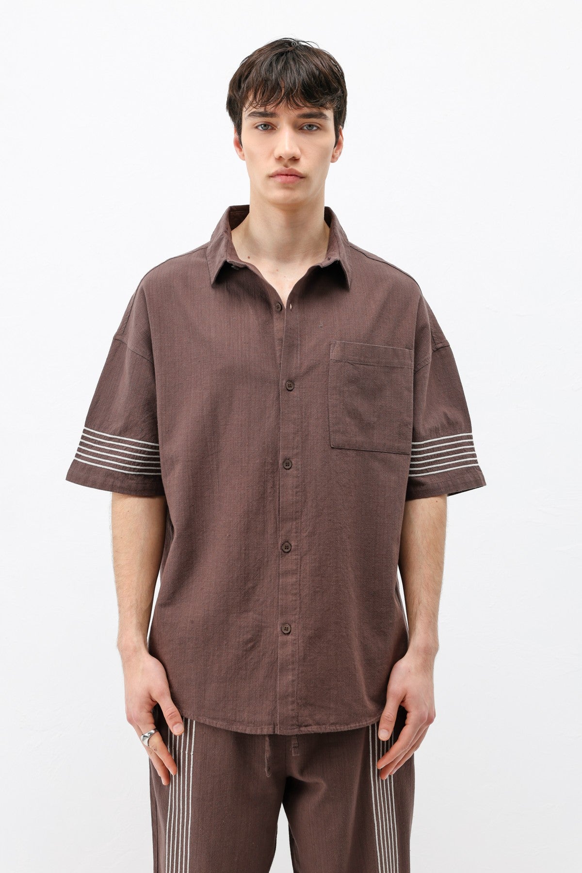 Oversize Çizgi Detaylı Keten Alt Üst Takım