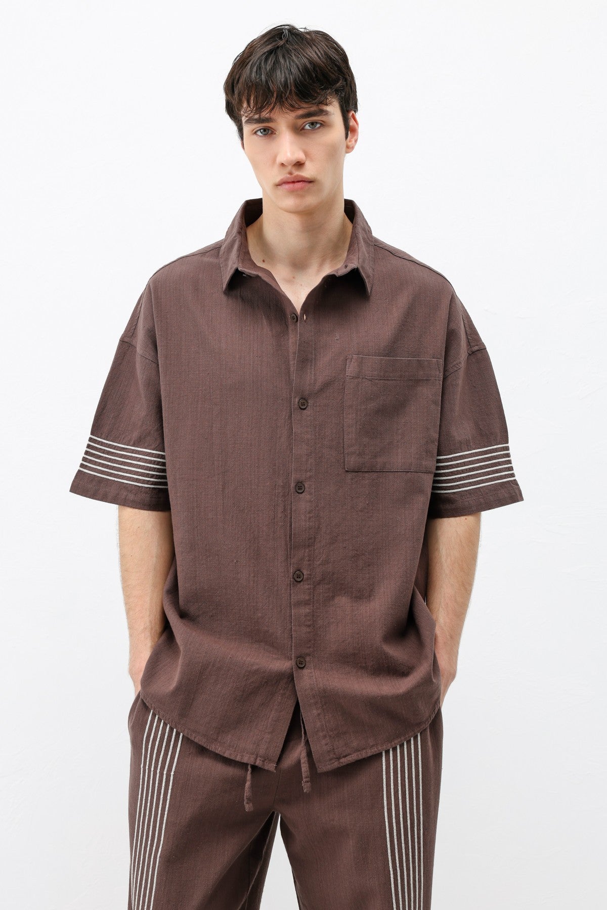 Oversize Çizgi Detaylı Keten Alt Üst Takım