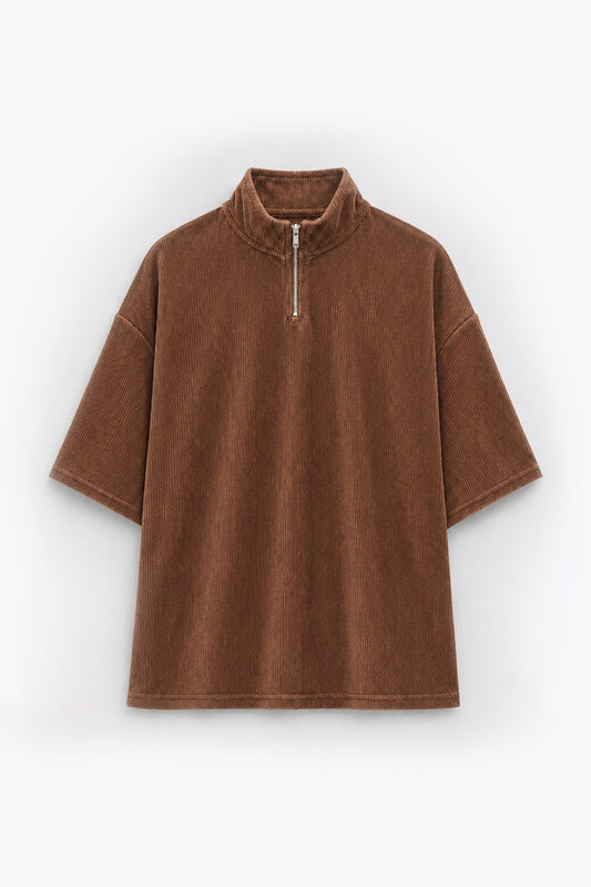 Yarım Fermuarlı Oversize Fitilli Tişört
